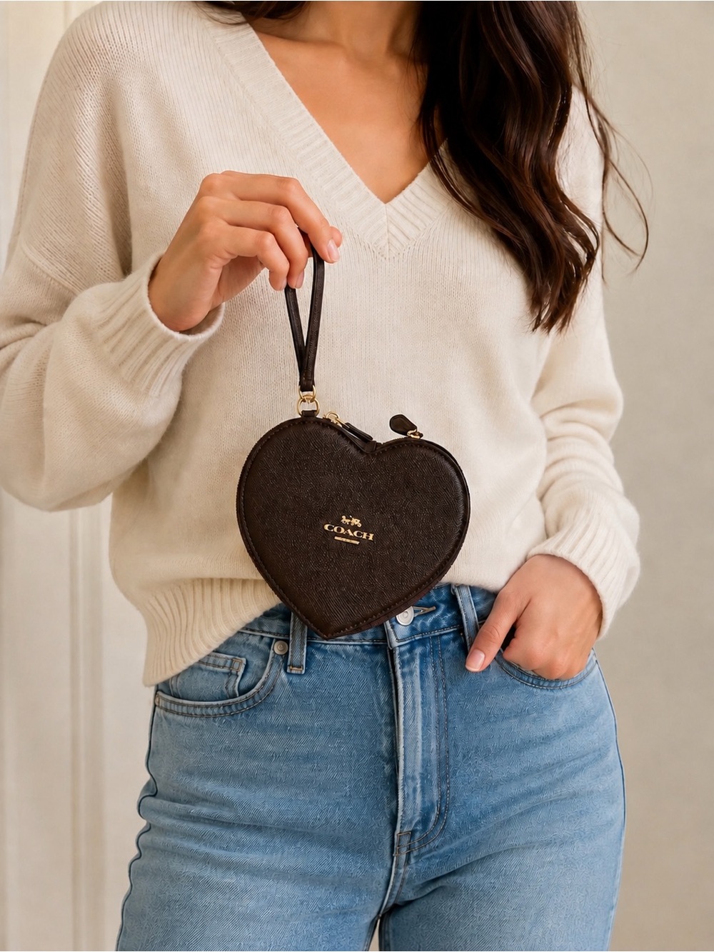 Coach Dark Brown Leather heart shaped wristlet